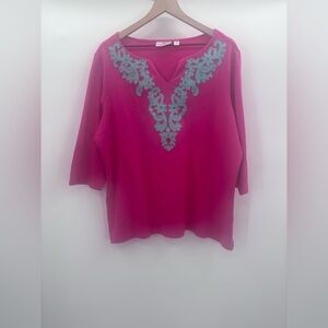 Quacker Factory Pink Top with Turquoise Embroidery and Beading Size 1X